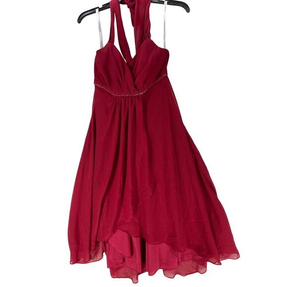 Davids Bridal Womens Dress Size 8 Red Chiffon Bridesmaid High Low A Line Halter - Picture 2 of 6